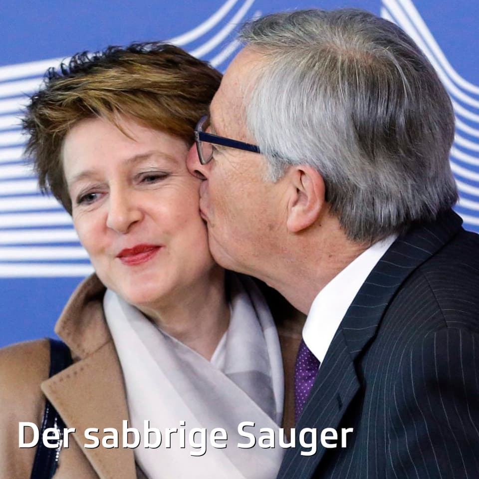 Jean-Claude Juncker beim legendären Schnappkuss mit Bundespräsidentin Simonetta Sommaruga im Februar 2015. Geht das schon unter psychologische Kriegsführung? 