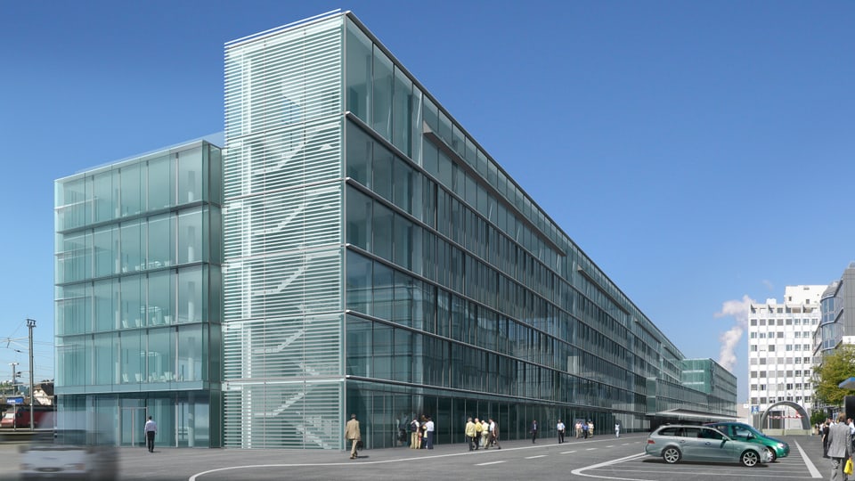 Simulation des künftigen Gebäudes mit einer grossen Glassfassade hinten und auf der Seite.