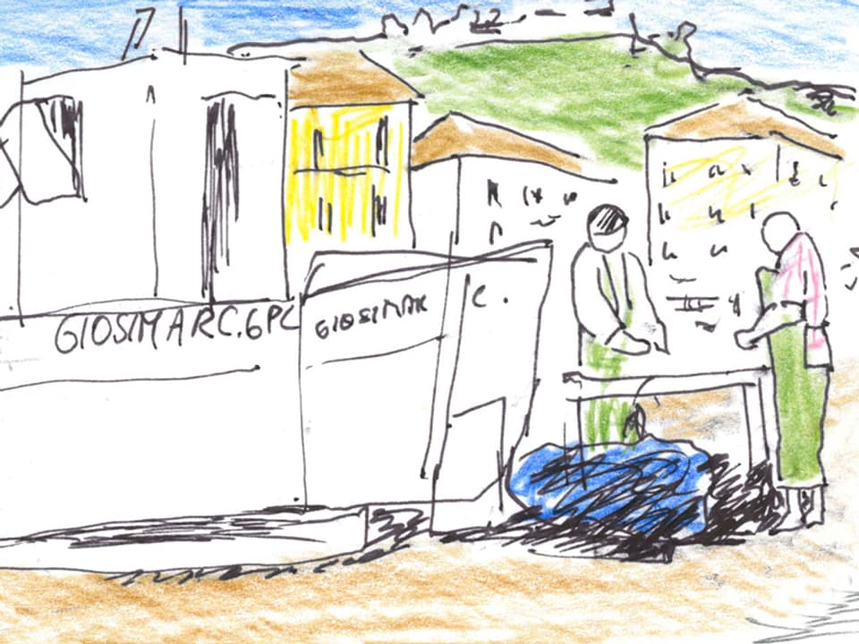Zeichnung einer Hafen-Szene.