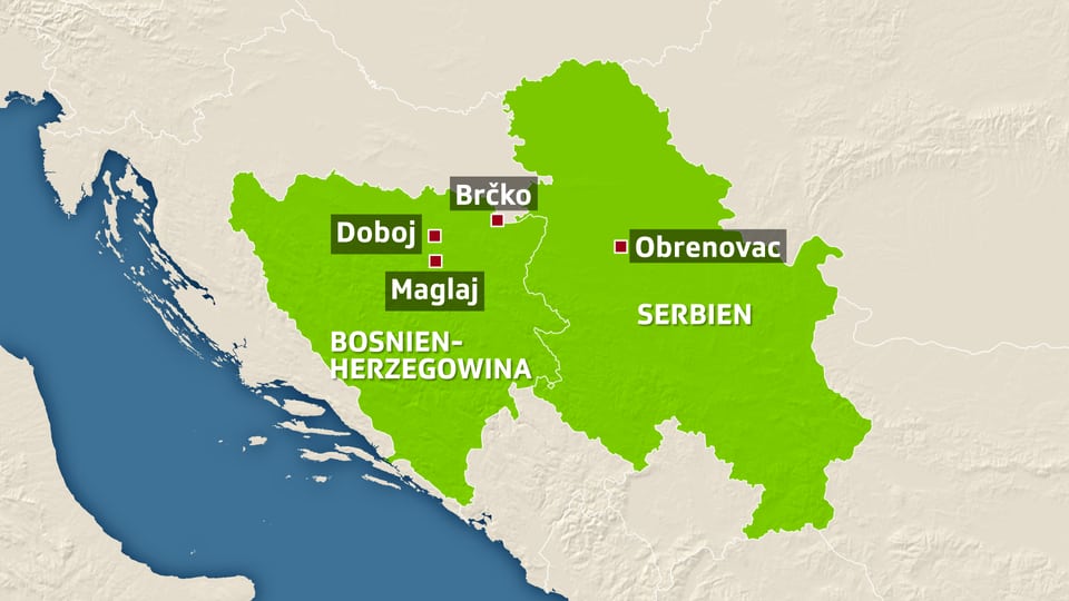 Eine Karte der Überschwemmungen in Bosnien-Herzegowina und Serbien.