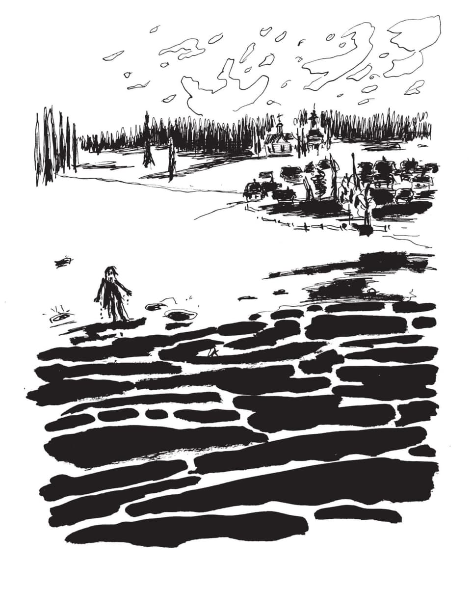 Schwarzweiss-Zeichnung vorne Wasser, hinten Bäume, am Wasser ein Mann.