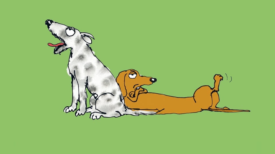 Zwei Hunde auf grünem Hintergrund gezeichnet.