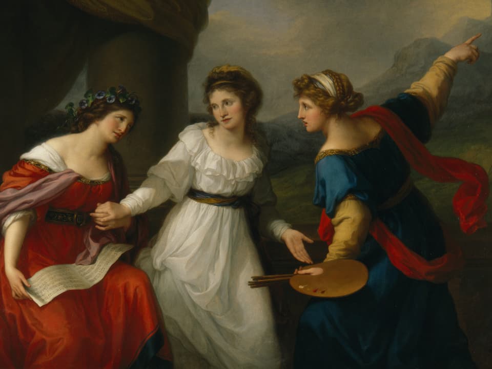 Ölgemälde mit drei Frauen in historischen Kleidern. Die linke hält ein Papier in der Hand, die rechte eine Palette.