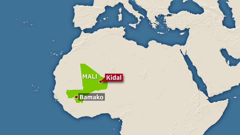 Eine Übersichtskrate mit Mali, der Hauptstadt Bamako und Kidal.