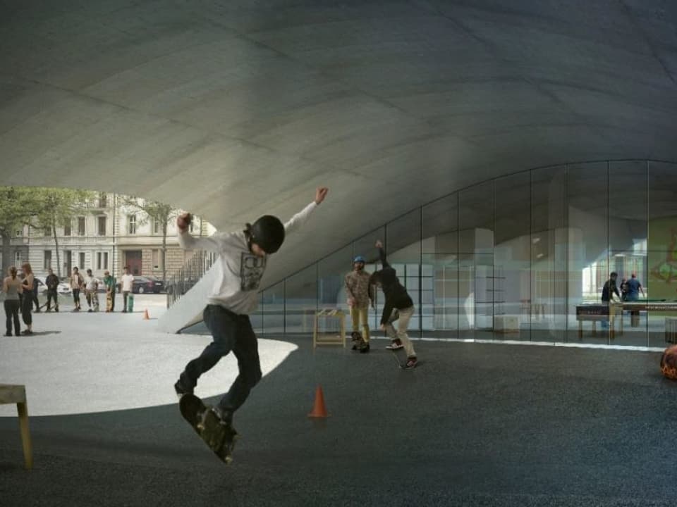 Visualisierung der neuen Trendsporthalle. Man sieht einen Skate-Boarder unter einem Dach. 
