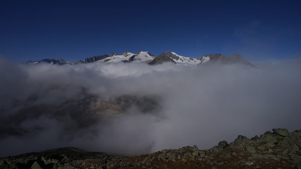 Blick vom Bettmerhorn zum Aletschhorn. Der Himmel ist wolkenlos, knapp unter dem Gipfel liegt aber Hochnebel.