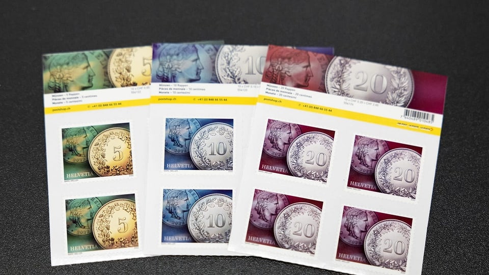 Briefmarken im Wert von 5, 10 und 20 Rappen