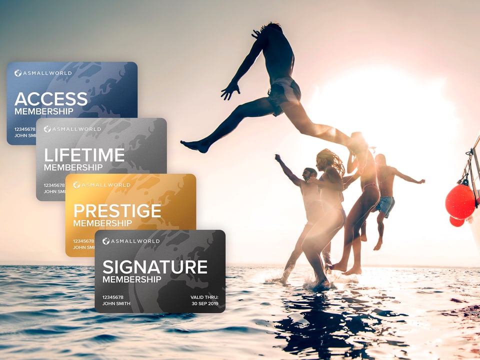 Kreditkarten, im Hintergrund springen junge Leute von einem Boot ins Meer.