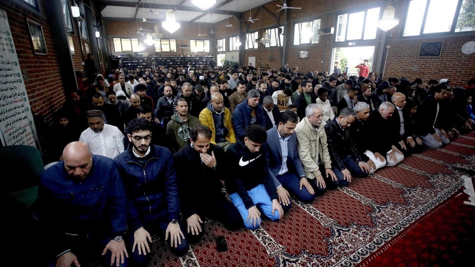 Betende Muslime und in der vordesten Reihe ein junge Mann, der noch Schüler sein könnte