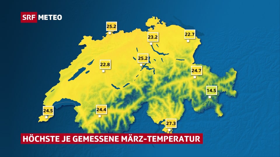 Schweizer Karte mit März-Temperatur-Rekorden