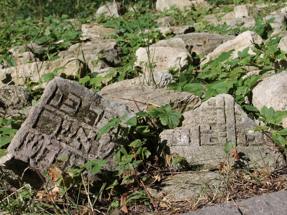 Zerbrochene Grabsteine im Hinterhof eines ehemaligen jüdischen Spitals.