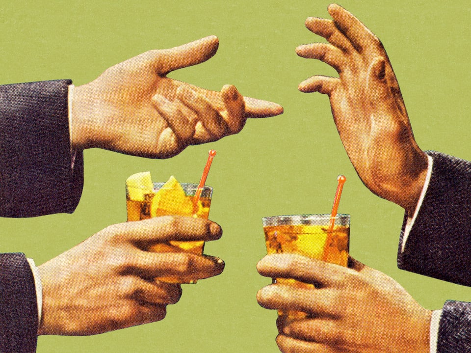 Illustration zweier Personen, die einen Drink in der Hand halten und gestikulieren