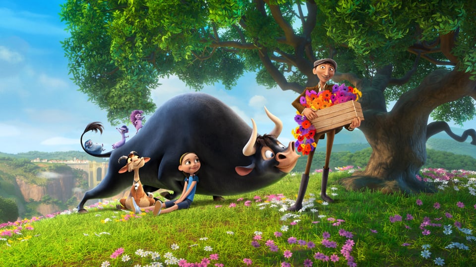 Das Bild zeigt Ferdinand unter seinem geliebten Baum zwischen Blumen, mit Freundin Nina, einer Ziege und Ninas Vater. 
