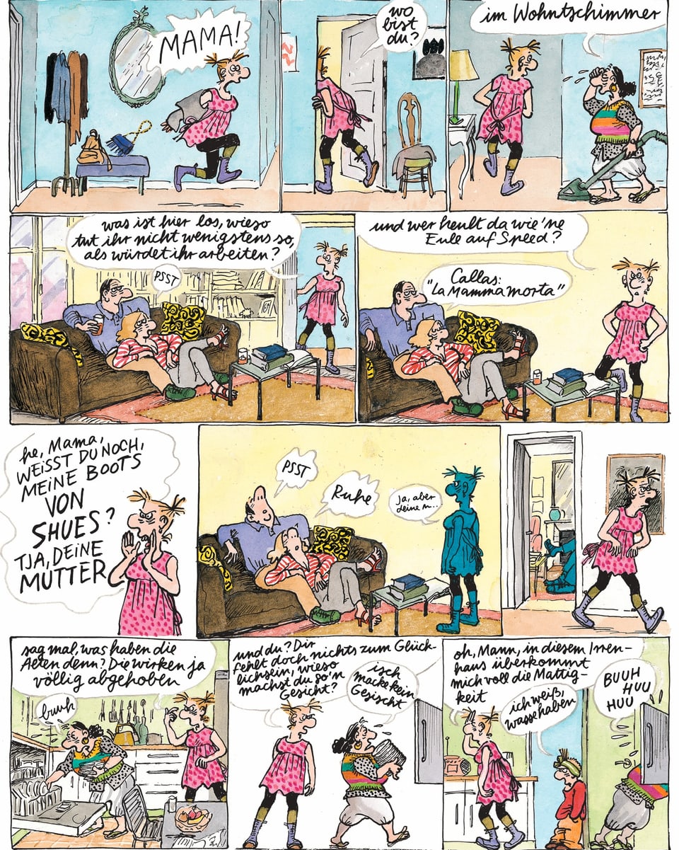 Eine bunt-illustrierte Comic-Geschichte, die in mehreren Szenen eine Story in einer Wohnung erzählt.