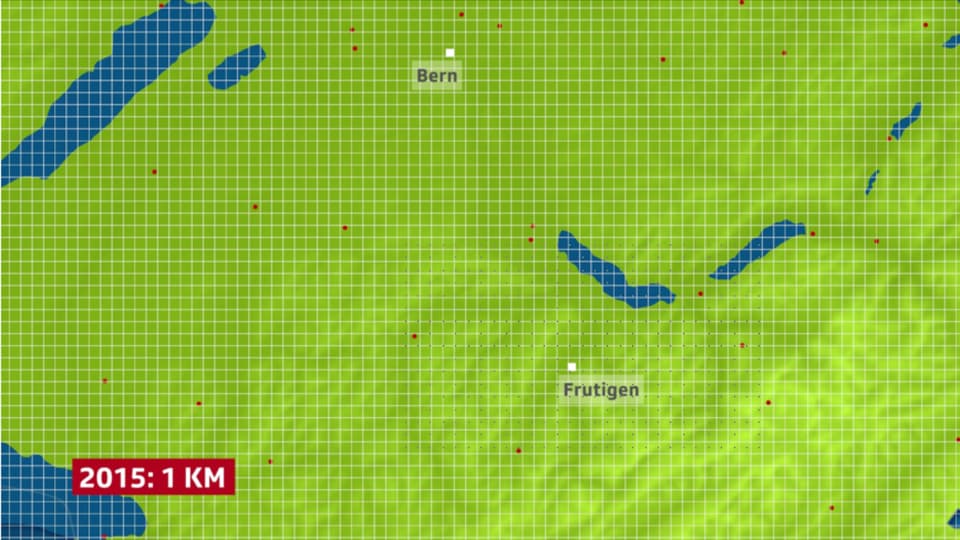 Der Kartenausschnitt zeigt das Berner Oberland. Eines Gitter mit der Maschenweite 1 Kilometer überlagert die Karte.