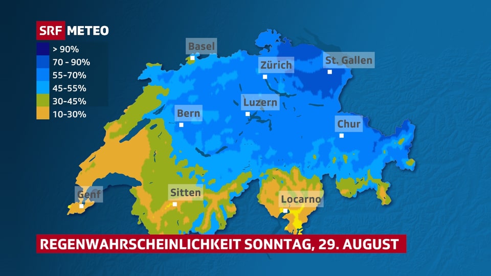 Karte Schweiz, osten Blau eingefärbt, Westen und Süden braun.
