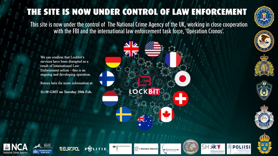 Screenshot, darauf mehrere Flaggen, Logos von FBI und Europol: «This Site is now under control of law enforcement».