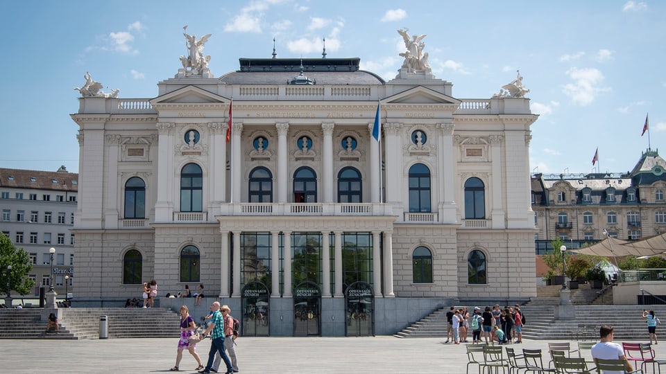 Das Zürcher Opernhaus von aussen aufgenommen bei Sonnenschein. Passanten laufen vor dem Gebäude durch.