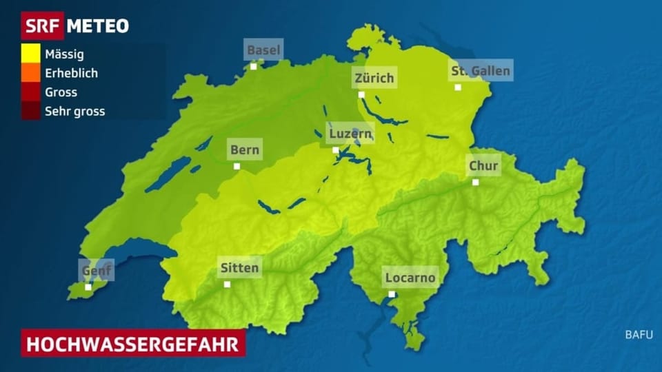 Schweizer Karte mit mässiger Gefahr für Hochwasser.