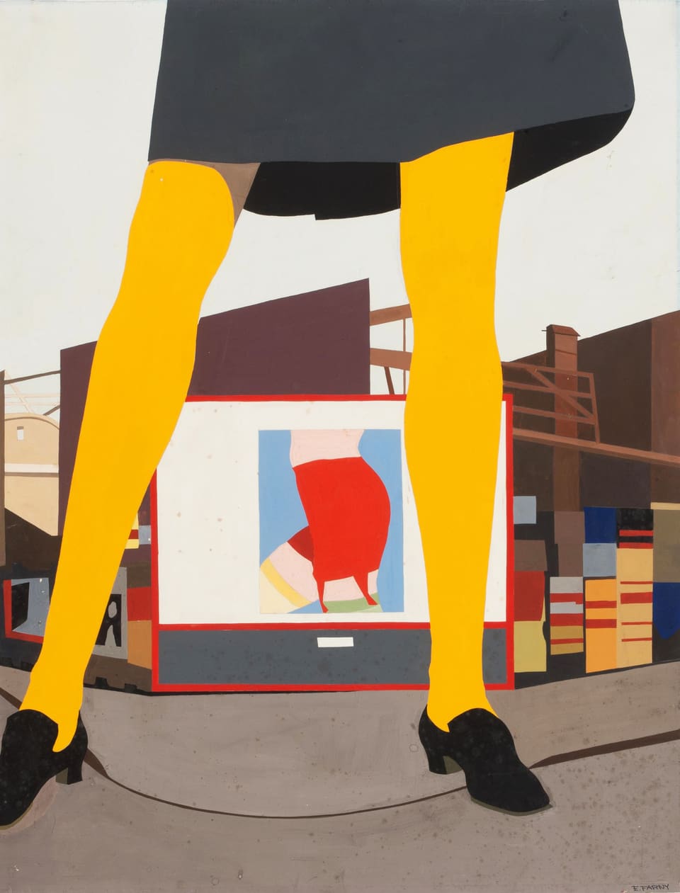 Acrylzeichnung: Durch die Beine einer Frau sieht man ein Werbeplakat für Damenunterwäsche.