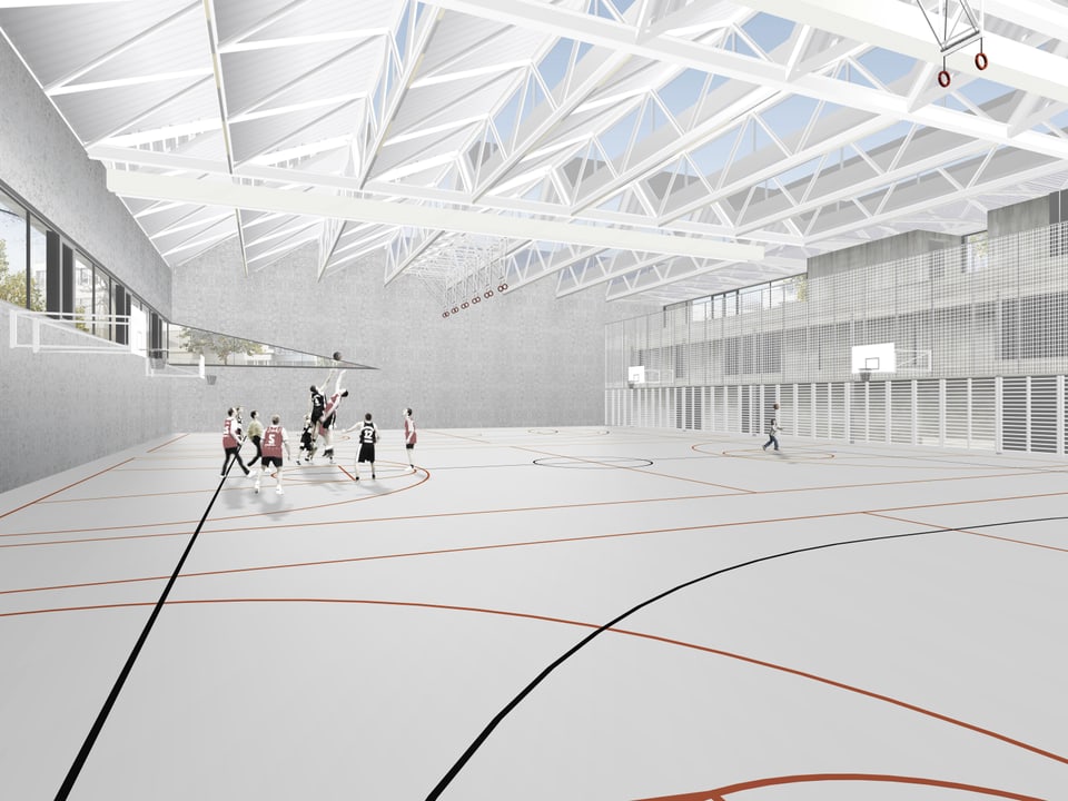 Innenansicht Visualisierung Turnhalle - grosse Spielfläche, Dach mit offener Metallkonstruktion