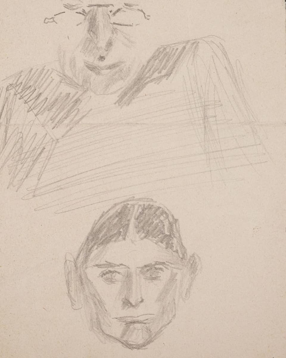 Bleistitiftzeichnung: oben der Kopf einer Frau und der eines jungen Mannes.