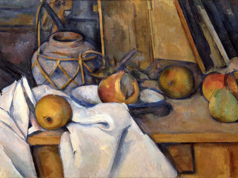 Stillleben von Früchten und einem Krug auf einem Tisch vom französischen Künstler Paul Cézanne