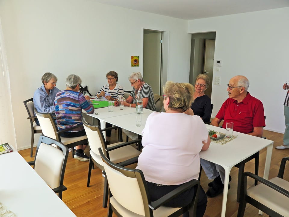Eine Runde älterer Menschen sitzt um einen Tisch in der Siedlung Neuhushof. In dieser Siedlung wird grossen Wert auf die Durchmischung der Generationen gelegt.