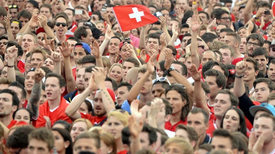 Schweizer Fussballfans jubeln während der Live-Übertragung eines Fussball-WM-Spiels am  1. Juli 2014.