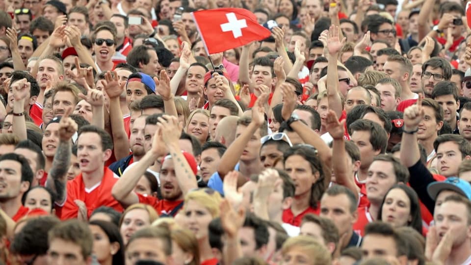 Schweizer Fussballfans jubeln während der Live-Übertragung eines Fussball-WM-Spiels am 1. Juli 2014.