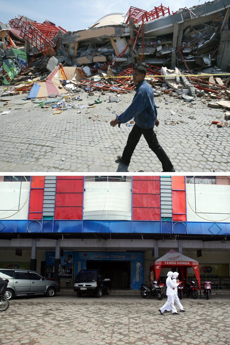 Ein zerstörtes Einkaufszentrum in Banda Aceh kurz nach dem Tsunami und nach dem Wiederaufbau fünf Jahre später. (keystone)