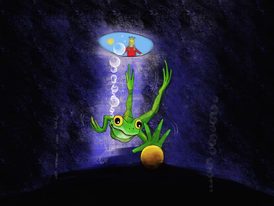 Frosch tauch in Brunnen nach goldener Kugel. Prinzessin beobachtet ihn vom Brunnenrand aus. 