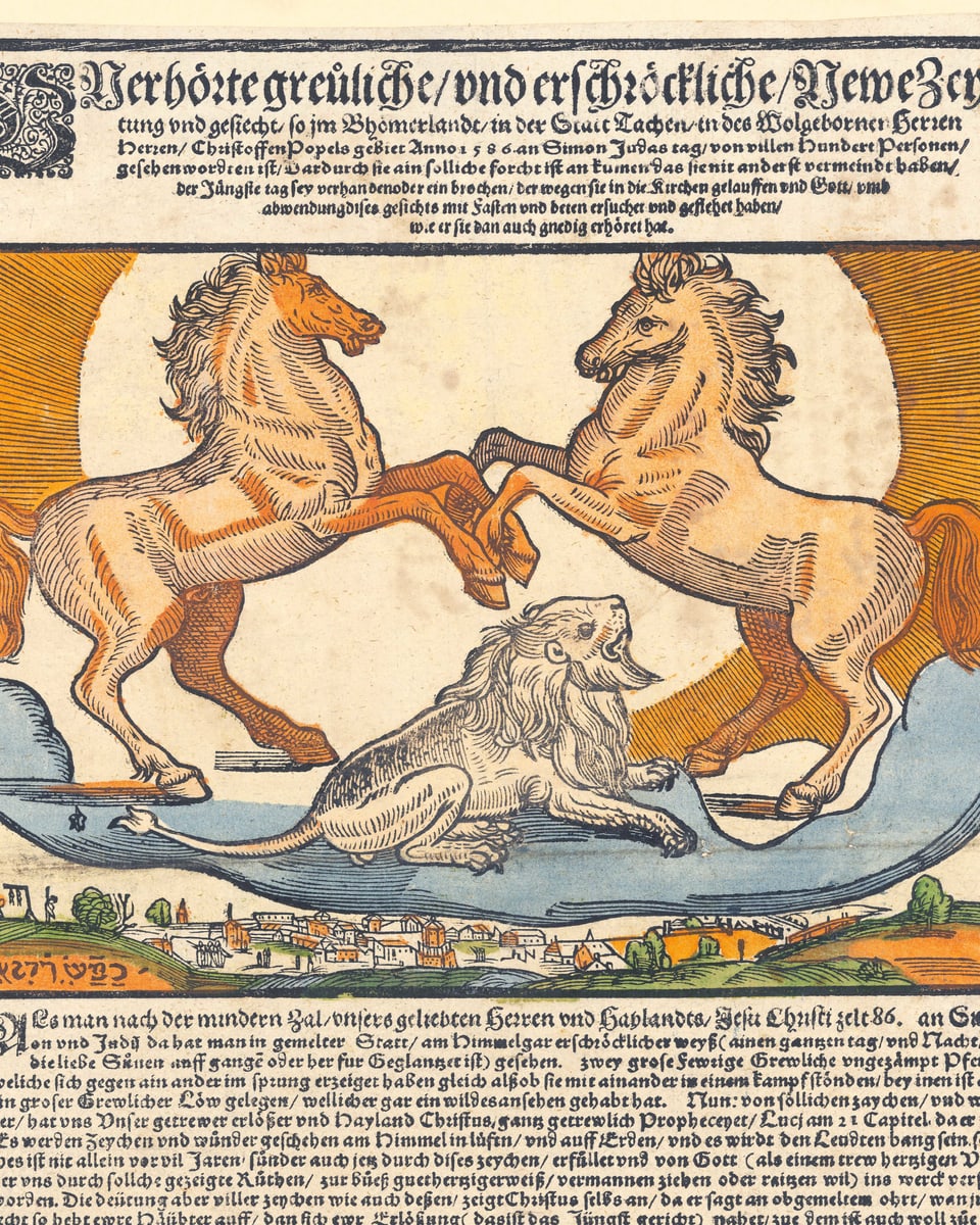 Illustration auf einem alten Flugblatt: Drei Löwen im Himmel.