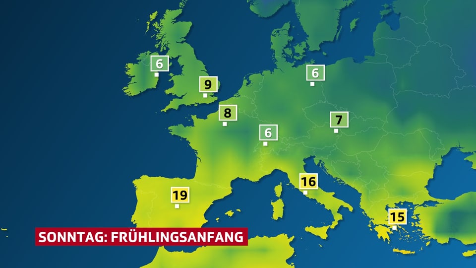 Eine Karte zeigt die Temperaturen von Europa am Sonntag. Madrid 19, Berlin 6 Grad.