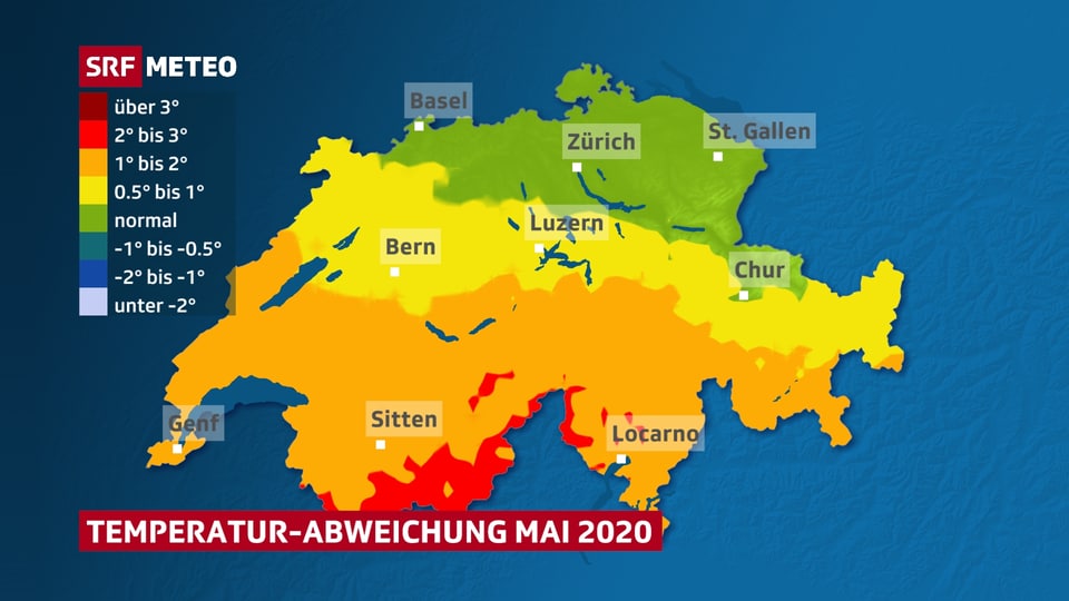 Schweizer Karte mit eingezeichneter Abweichung der Temperatur im Mai 2020 zum langjährigen Durchschnitt zwischen 1981 und 2010.