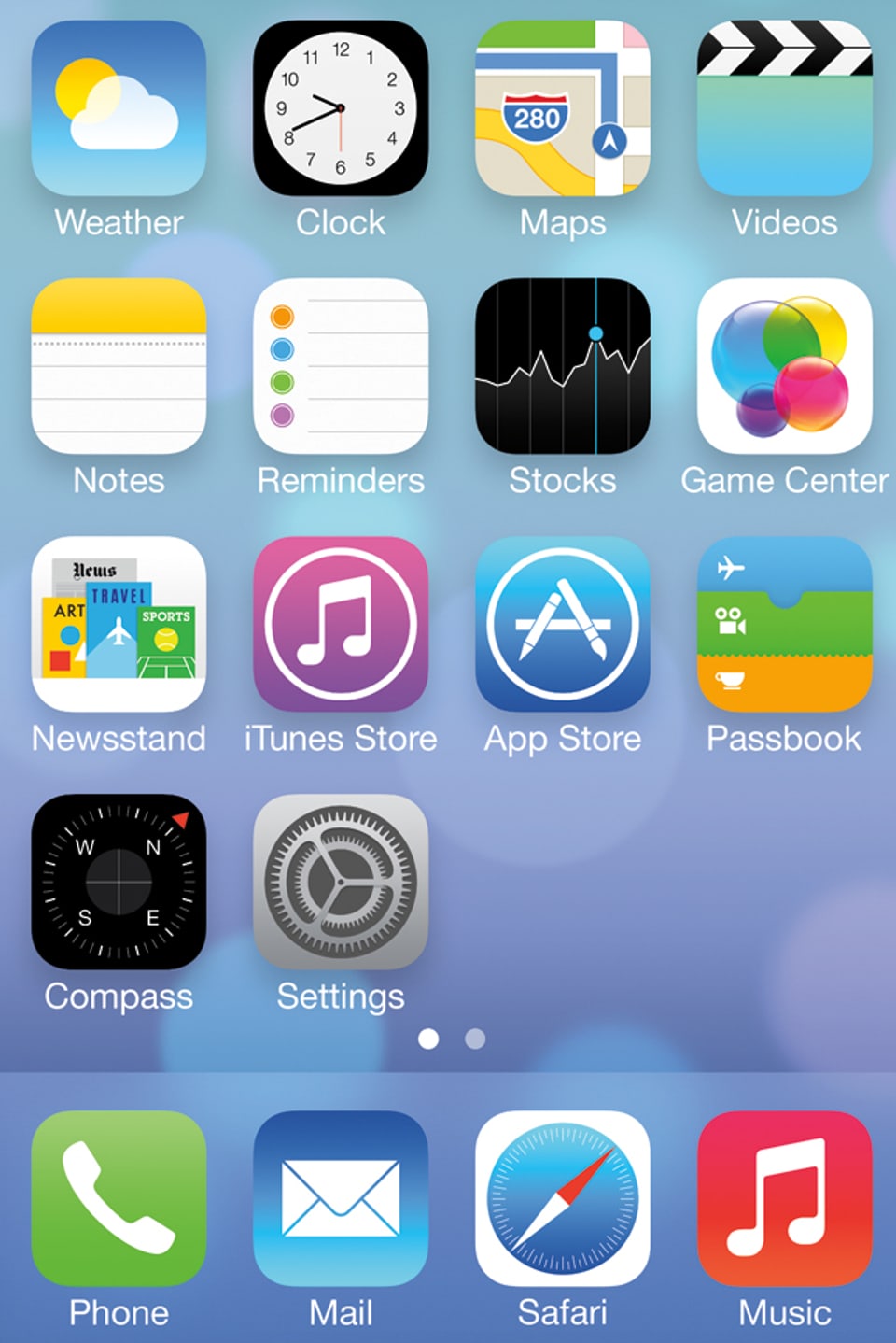 Screenshot eines iPhone-Bildschirm mit den neu designten App-Symbolen von iOS 7.