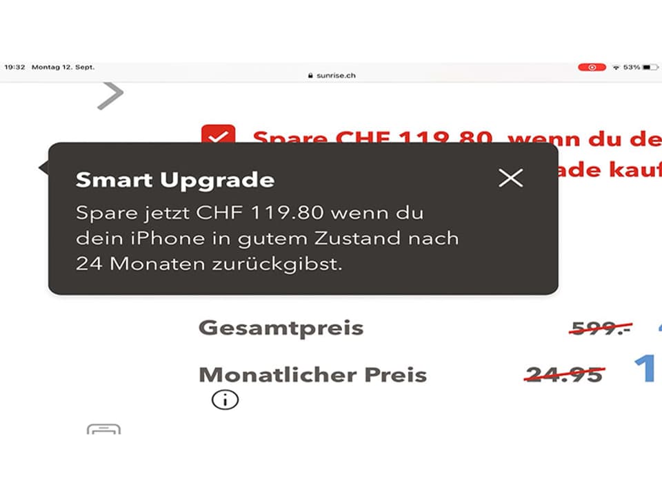 «Smart Upgrade» von Sunrise: «Spare jetzt CHF 119.80 wenn du dein iPhone in gutem Zustand nach 24 Monaten zurückgibst»
