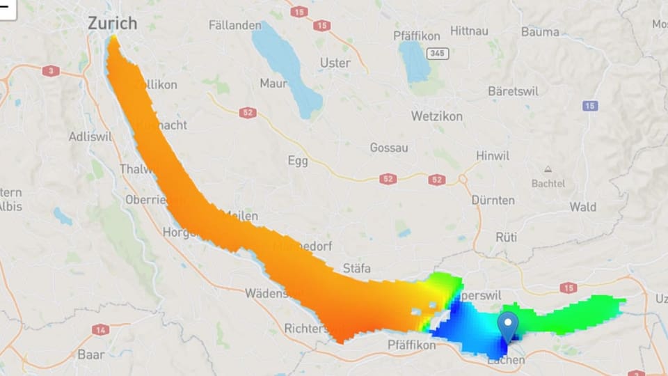 Karte mit Zürichsee: Der untere teil ist orange, der obere Teil blau bis grün
