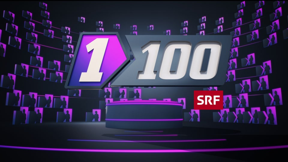 Das «1 gegen 100» – Logo vor der Wand mit gezeichneten Kandidat:innen