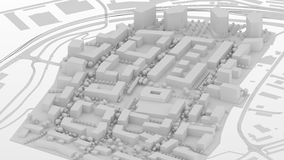 Modell eines Stadteils mit Hochhäusern.
