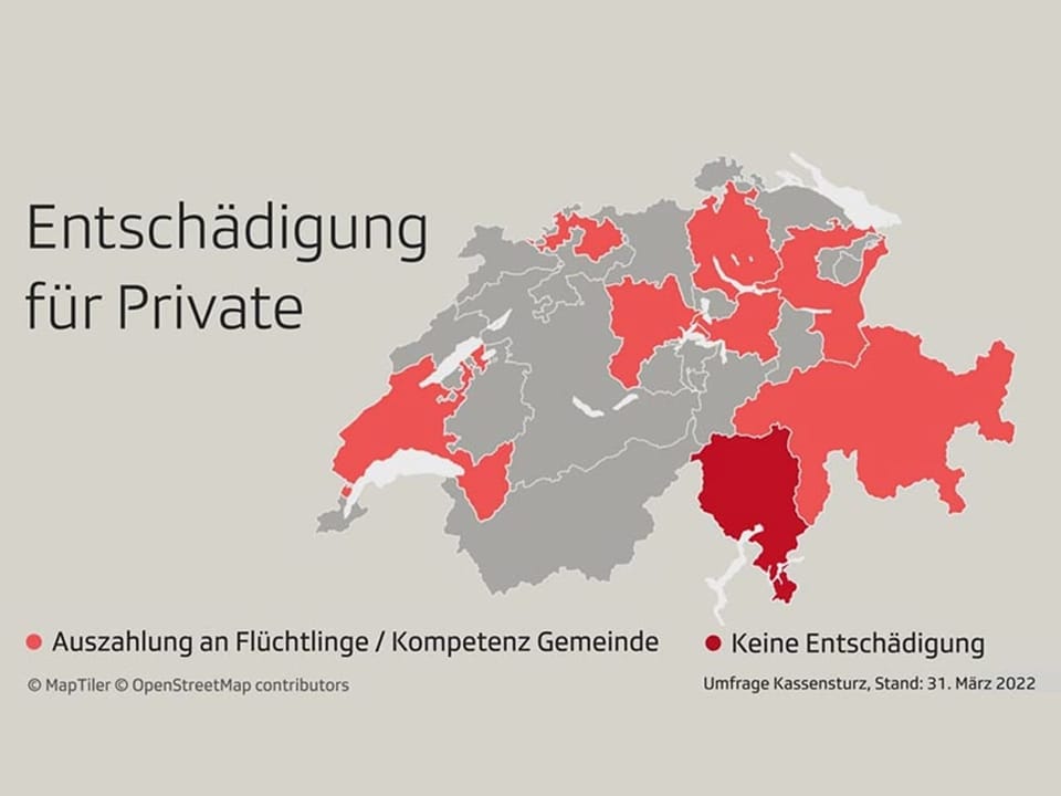 Schweizerkarte mit Kantonen eingefärbt je nach Entschädigung für private Gastgeber