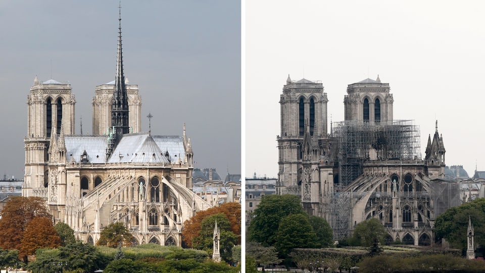 Notre-Dame vor dem Brand und nach dem Brand.