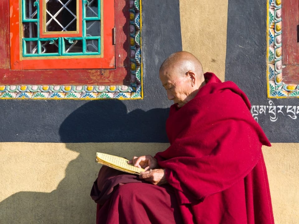 Ein buddhistischer Mönch in rotem Gewand liest einen Text