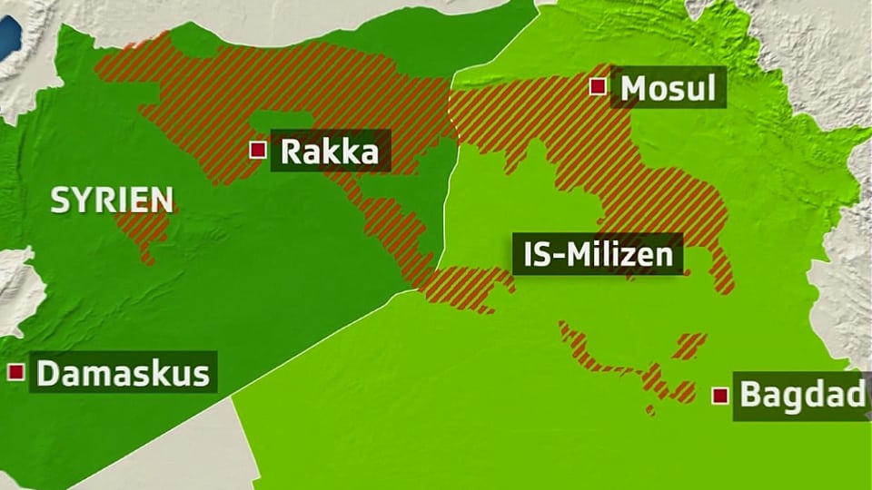 Karte des Nahen Ostens mit Gebiet unter der Herrschaft des IS.