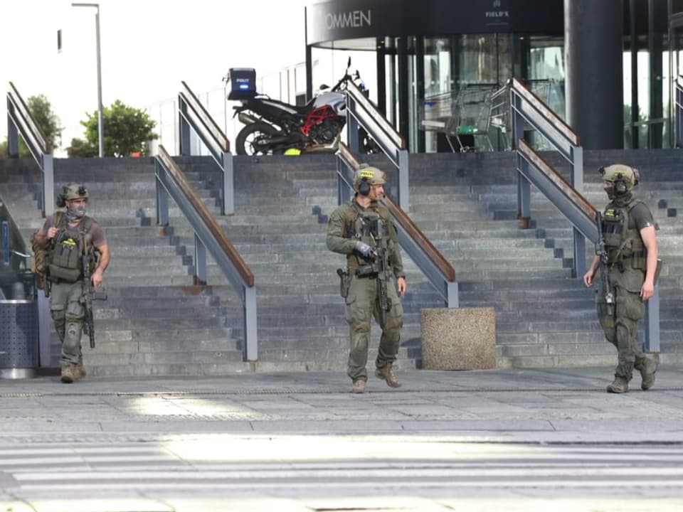 Bewaffnete vor Gebäude.