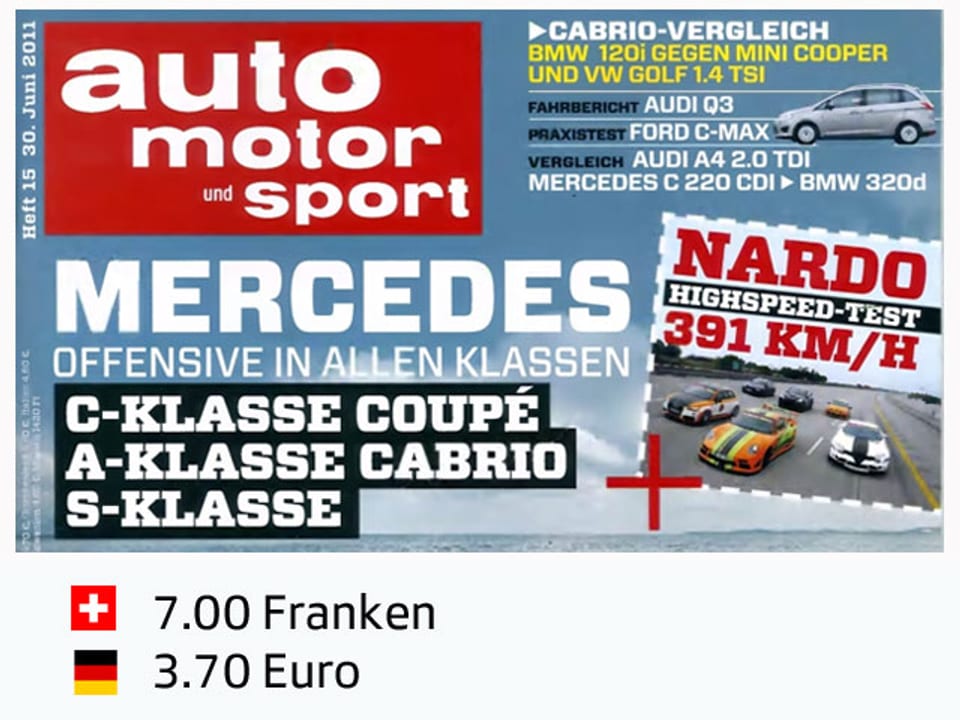 Titelblatt Auto Motor und Sport mit Preisvergleich Franken / Euro.