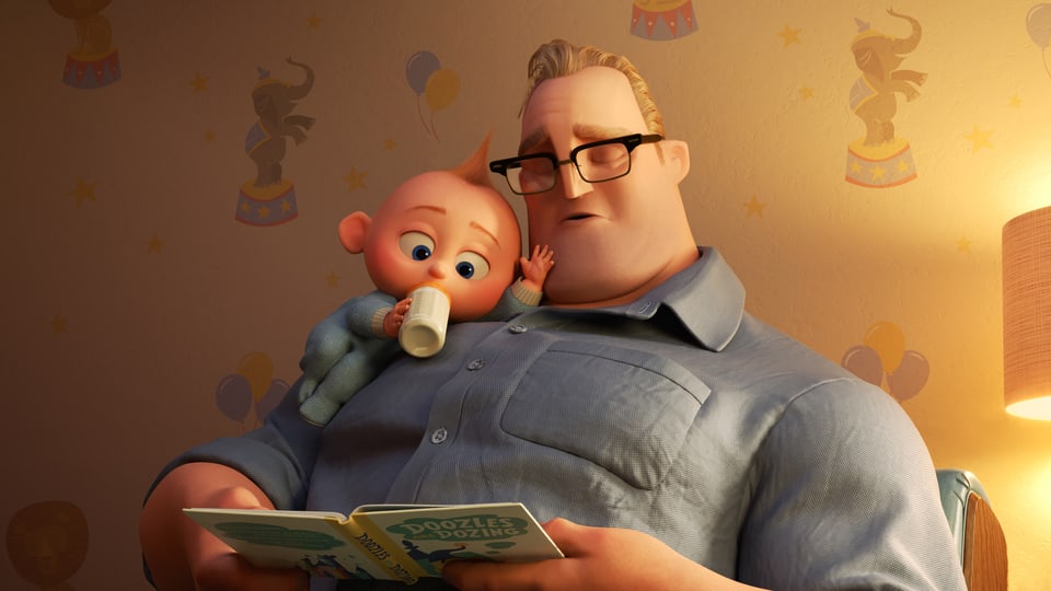 Papa Bob erzählt Baby Jack-Jack eine Gutenacht-Geschichte und schläft selber ein.