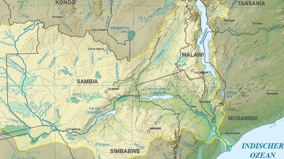 Karte des Flusses Sambesi vom indischen Ozean bis zur Demokratischen Republik Kongo.