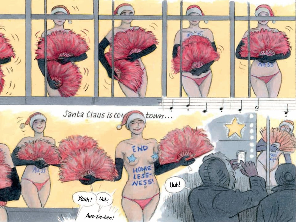 Comic-Strip mit zwei Bildern. 1: Tanzende, halbnakte Frauen nebeneinander in einem Schaufenster; 2: Tanzende Frau mit Aufschrift auf Körper: End: Homelessness.