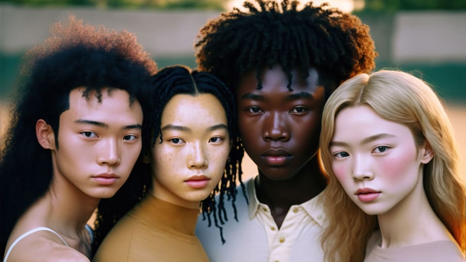 KI-generiertes Bild mit vier jungen Models verschiedener Haut- und Haarfarbe